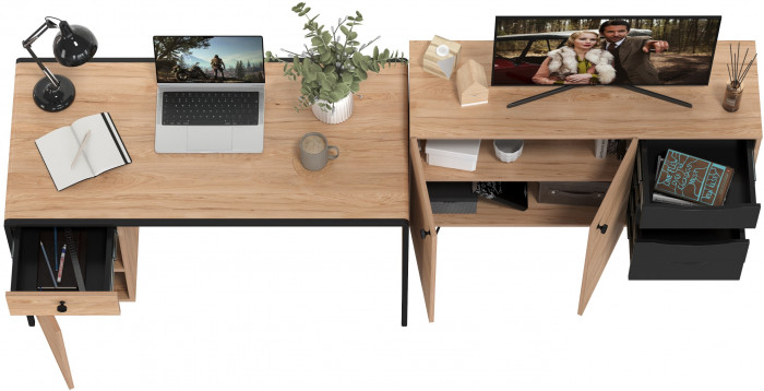 Брюс Стол письменный 12.157 + Комод 16.233, цвет чёрный/Battle rock Santiago/столешница МДФ ель карпатская, 243,4х62,6(38,3)х75(85,6) см., ун. сб.