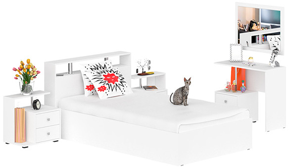 Камелия спальня № 6 Кровать 1200 + Две тумбы + Стол косметический + Зеркало, цвет белый, сп.м. 1200х2000 мм., б/м, основание есть