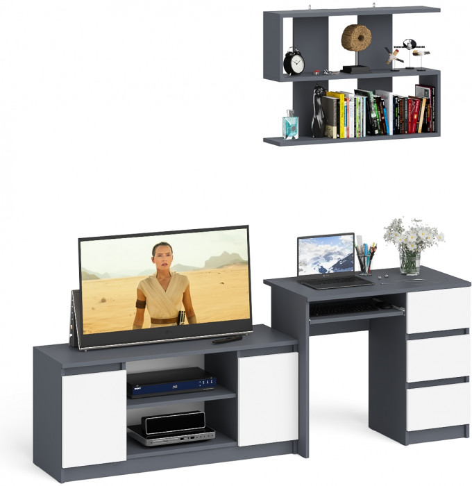Мори компьютерный стол МС-6 правый + Тумба МТВ1200.1 + Полка 900, графит/белый