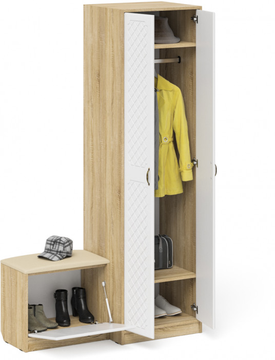 Прихожая П-6 Компоновка № 10, дуб сонома/фасады МДФ белое дерево фрезеровка ромб