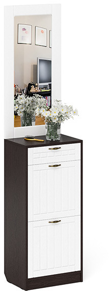 Прихожая П-6 Тумба для обуви 2 секции + Зеркало, венге/фасады МДФ белое дерево фрезеровка прованс