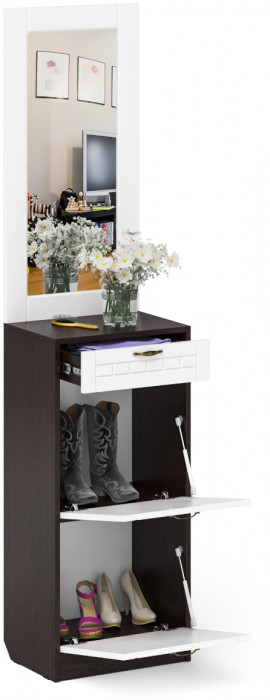 Прихожая П-6 Тумба для обуви 2 секции + Зеркало, венге/фасады МДФ белое дерево фрезеровка прованс