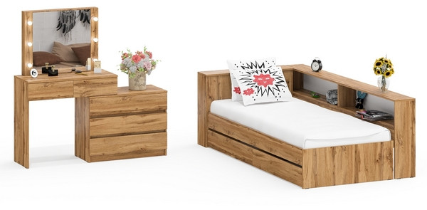 Ксения Кровать с ящиками 0900 + прикроватный блок + Столик с подсветкой 110, дуб вотан