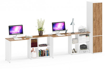 Лидер-8 Стол + Стол + Пенал МД 23Б, белый шагрень/крафт золото