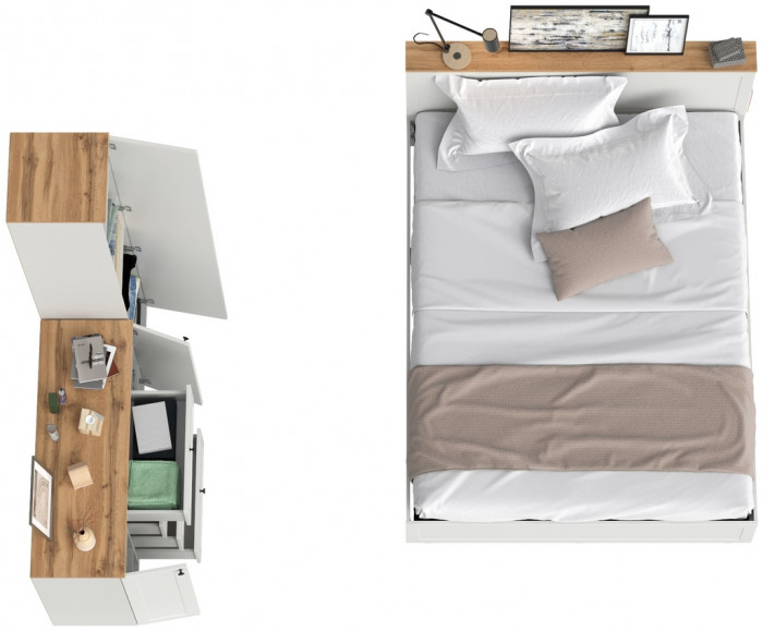 Остин 11.53 Кровать + ортопед + 13.227 Шкаф-пенал + 16.221 Комод, белый шагрень/дуб крафт золотой