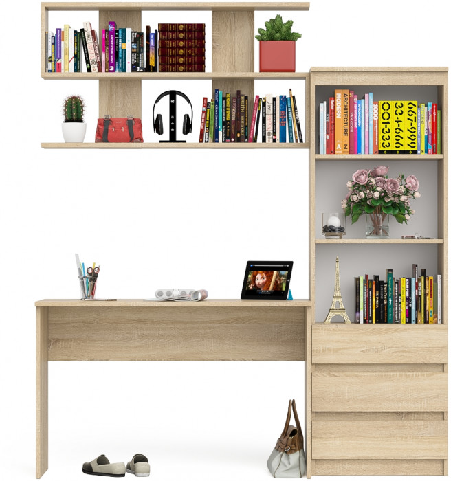 Мори Стол письменный МСП1200.1 + Стеллаж МСТ600.3 + Полка 1200, цвет дуб сонома, ШхГхВ 180,8х50х209,6 см., универсальная сборка