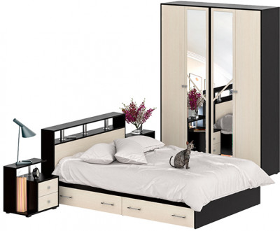 Камелия спальня № 8 Кровать с ящиками 1400 + Две тумбы + Шкаф 4-х створчатый, венге/дуб лоредо