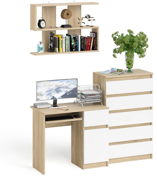 Мори компьютерный стол МС-1 правый + Комод МК700.5 + Полка 900, дуб сонома/белый