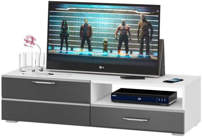 Тумба под ТВ Ларго 1,4, цвет корпус белый/фасады МДФ графитово-серый глянец, ШхГхВ 140х46х35 см., НЕ универсальная сборка