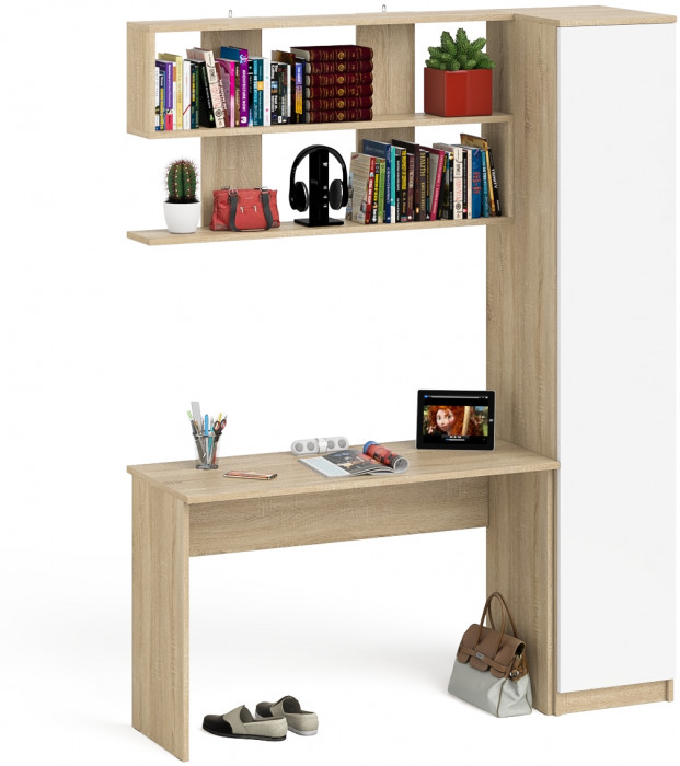 Мори письменный стол МСП1200.1 + Пенал МШ400.1 + Полка 1200, дуб сонома/белый