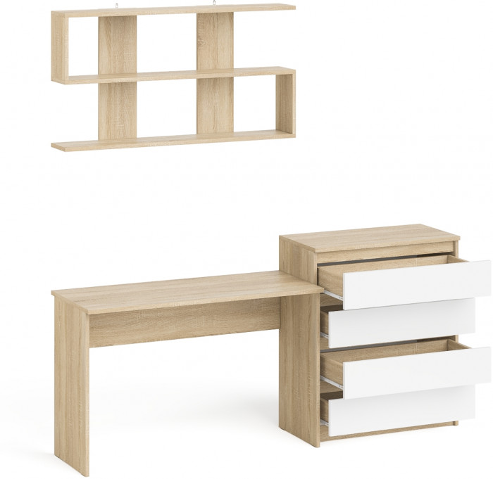 Мори Стол письменный МСП1200.1 + Комод МК800.4 + Полка 1200, цвет дуб сонома/белый, ШхГхВ 200,8х50х209,6 см., универсальная сборка