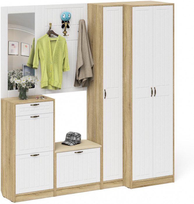 Прихожая П-6 Компоновка № 31, цвет дуб сонома/фасады МДФ белое дерево фрезеровка прованс, ШхГхВ 200х50х210 см., универсальная сборка