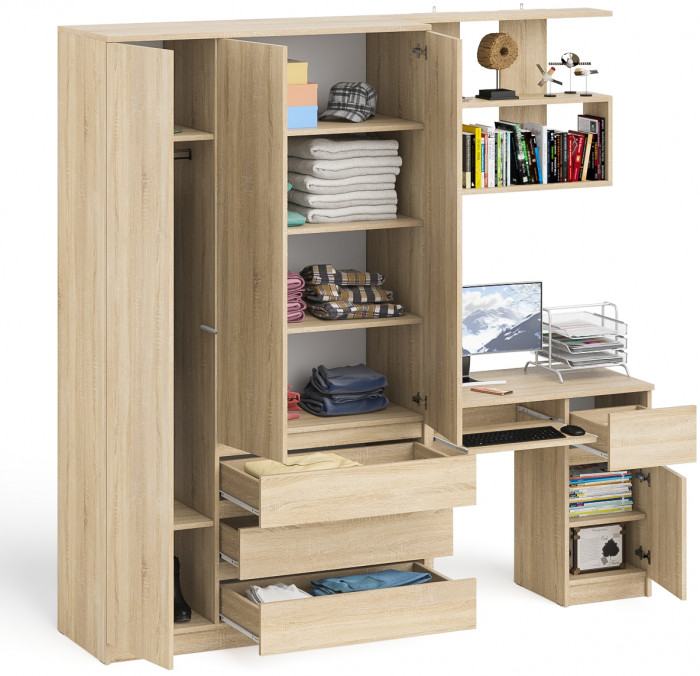 Мори компьютерный стол МС-1 правый + Шкаф МШ1200.1 + Полка 900, дуб сонома