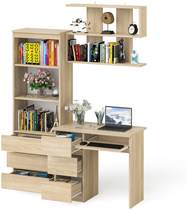 Мори компьютерный стол МС-6 левый + Стеллаж МСТ600.3 + Полка 900, дуб сонома