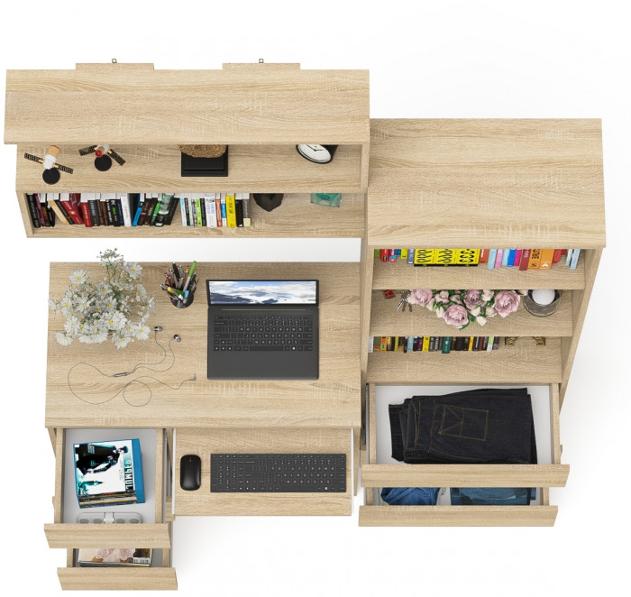 Мори компьютерный стол МС-6 левый + Стеллаж МСТ600.3 + Полка 900, дуб сонома