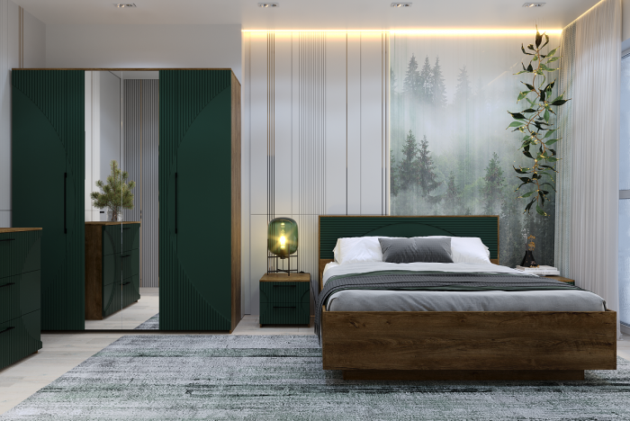 Кровать 140х200 с щитовым основанием "Монтале" - Дуб канзас/Зеленый матовый