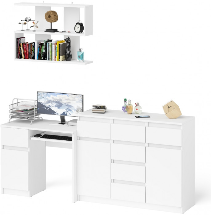 Мори Стол компьютерный МС-1 левый + Комод МК1200.4 + Полка 900, цвет белый, ШхГхВ 210,4х50х209,6 см., НЕ универсальная сборка