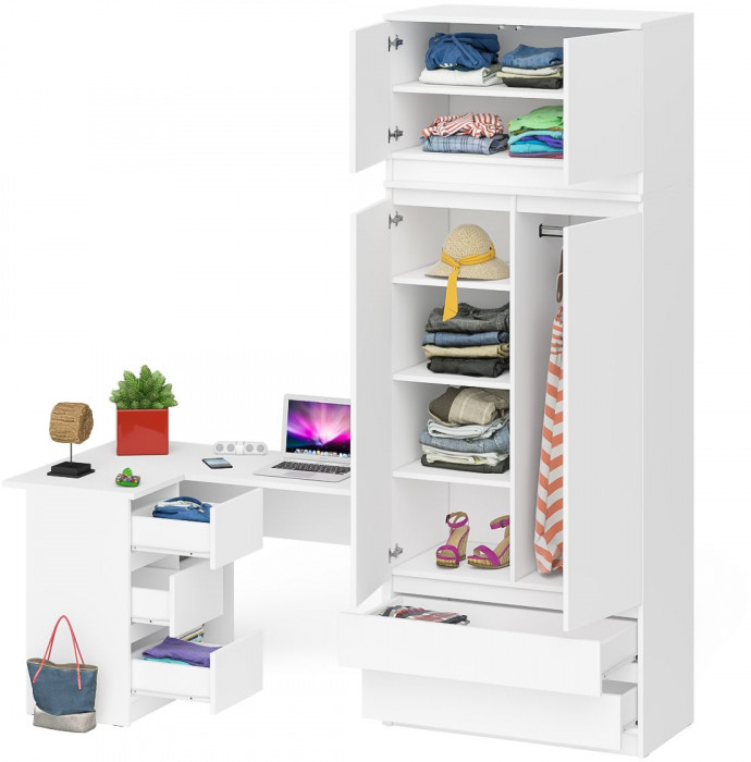 Мори Стол компьютерный МС-16 левый + Шкаф МШ900.1 + Антресоль МА900.1, цвет белый, ШхГхВ 214,8х84,9х234,2 см., выдвижные ящики слева, НЕ универс. сб.