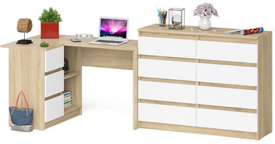 Мори компьютерный стол МС-16 левый + Комод МК1200.8, дуб сонома/белый