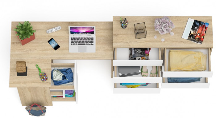 Мори компьютерный стол МС-16 левый + Комод МК1200.8, дуб сонома/белый