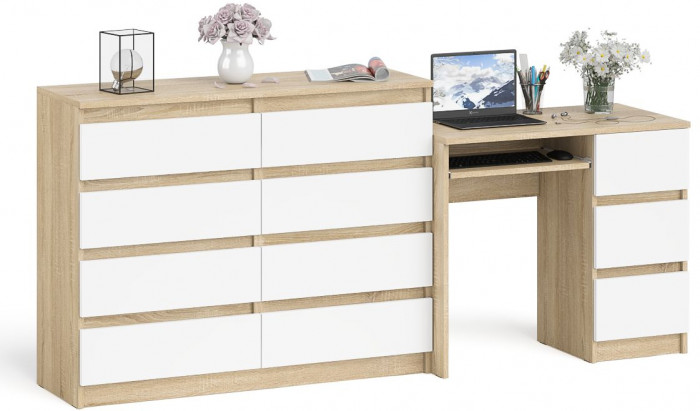 Мори компьютерный стол МС-6 правый + Комод МК1200.8, дуб сонома/белый