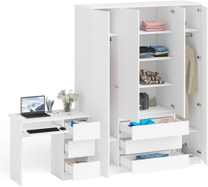 Мори компьютерный стол МС-6 правый + Шкаф МШ1600.1, белый