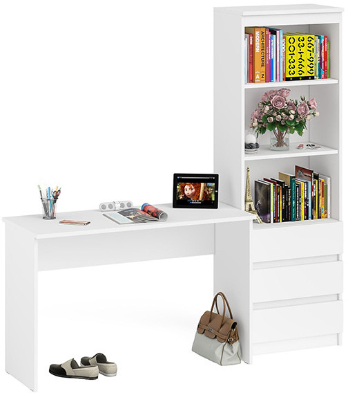 Мори Стол письменный МСП1200.1 + Стеллаж МСТ600.3, цвет белый, ШхГхВ 180,8х50х179,6 см., универсальная сборка