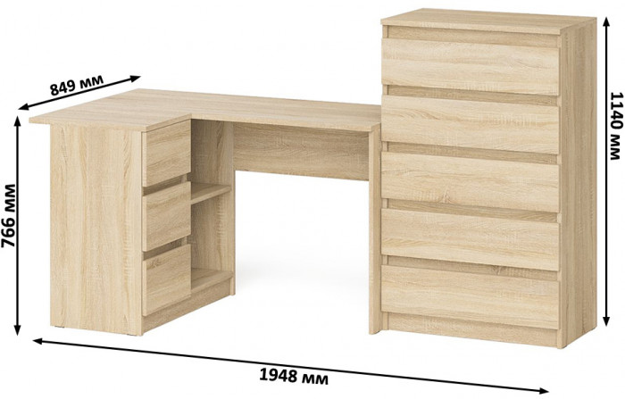 Мори компьютерный стол МС-16 левый + Комод МК700.5, дуб сонома