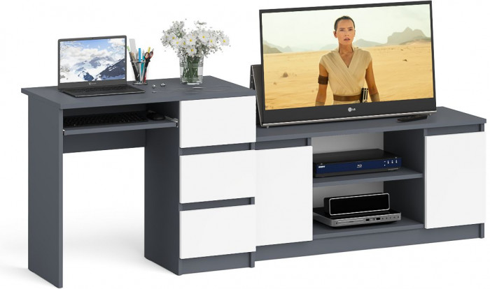 Мори компьютерный стол МС-6 правый + Тумба МТВ1200.1, графит/белый