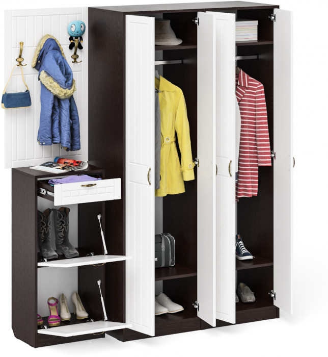 Прихожая П-6 Компоновка № 15, цвет венге/фасады МДФ белое дерево фрезеровка прованс, ШхГхВ 180х50х210 см., универсальная сборка