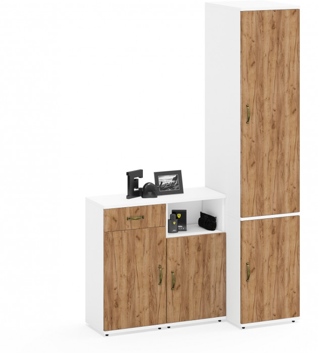 Лидер-8 Пенал МД 23Б + Тумба МД 3.15 + Тумба МД 3.19, белый шагрень/крафт золото