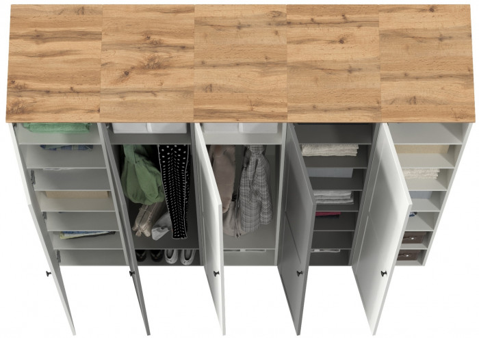 Остин 13.225 Шкаф-пенал 5 шт., белый шагрень/серый графит/дуб крафт золотой