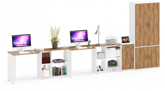 Лидер-8 Стол + Стол + Шкаф МД 20Б + Тумба МД 3.15, цвет белый шагрень/крафт золото, ШхГхВ 450х50/37,5х75/190 или 230х200/50х75/190 см., НЕ ун. сб.