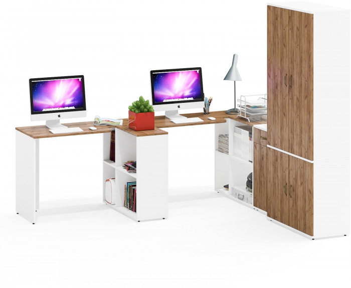 Лидер-8 Стол + Стол + Шкаф МД 20Б + Тумба МД 3.15, цвет белый шагрень/крафт золото, ШхГхВ 450х50/37,5х75/190 или 230х200/50х75/190 см., НЕ ун. сб.