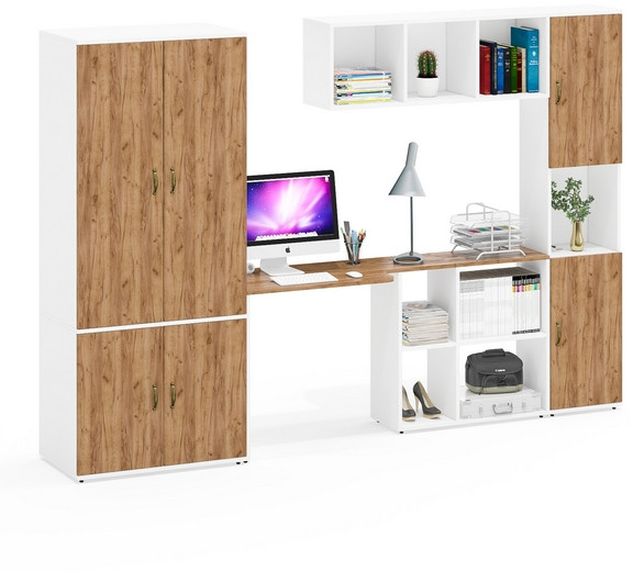 Лидер-8 Шкаф МД 19Б + Стол + Полка + Пенал, цвет белый шагрень/крафт золото, ШхГхВ 285х50/30х75/190 или 195х120х75/190 см., НЕ ун.сб.