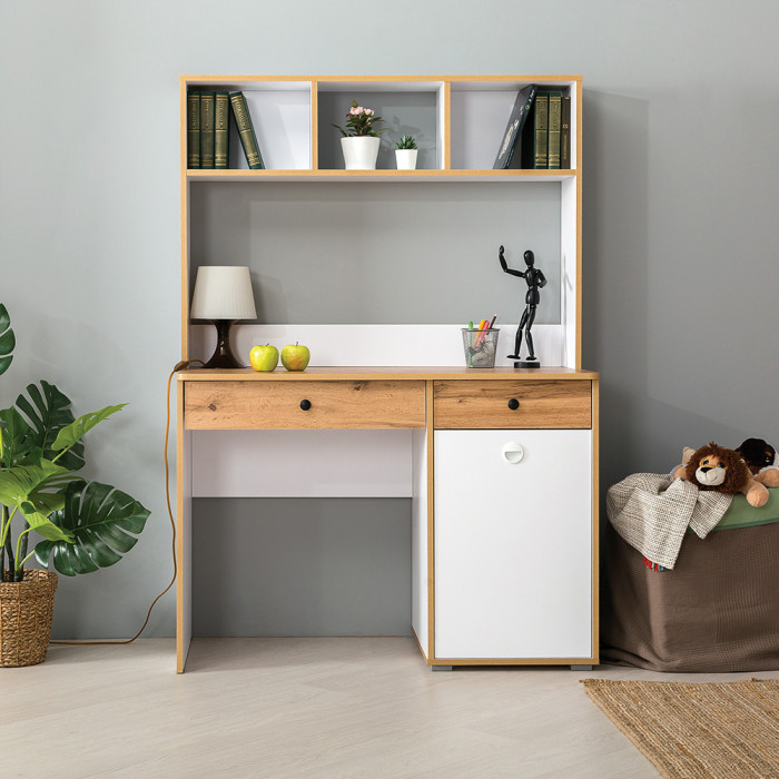 Вуди Стол письменный 12.42 + Надстройка на стол 13.161, цвет белый премиум/дуб крафт золотой, ШхГхВ 110х52,7х158,7 см., универсальная сборка
