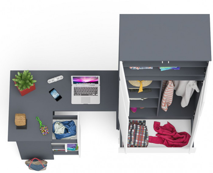 Мори Стол компьютерный МС-16 левый + Шкаф МШ900.1 + Антресоль МА900.1, цвет графит/белый, ШхГхВ 214,8х84,9х234,2 см., выдвиж. ящики слева, НЕ ун. сб.