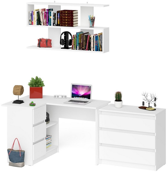 Мори компьютерный стол МС-16 левый + Комод МК800.1 + Полка 1200, белый