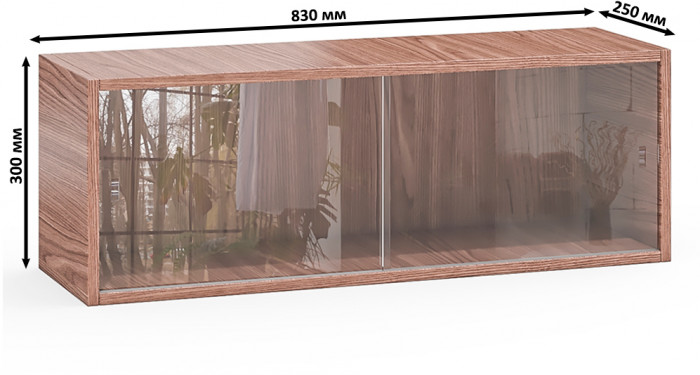 Две полки книжных С-МД-КН01, цвет ясень шимо тёмный, ШхГхВ размер каждой полки в отдельности: 83х25х30 см., стеклянные дверцы