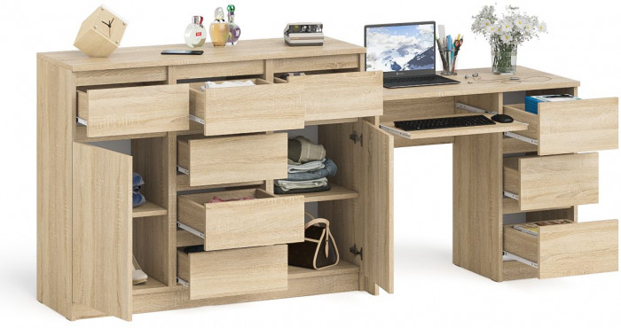 Мори Стол компьютерный МС-6 правый + Комод МК1200.4, цвет дуб сонома, ШхГхВ 210,4х50х94 см., выдвижные ящики справа, НЕ универсальная сборка