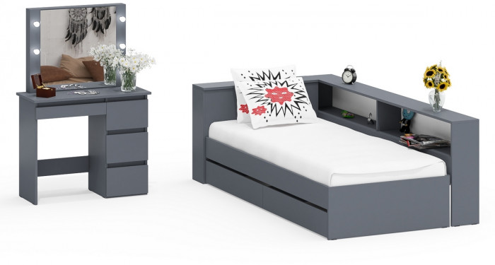 Ксения Кровать с ящиками 0900 + прикроватный блок + Столик с подсветкой Сура, графит
