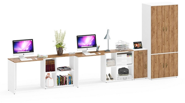 Лидер-8 Стол + Стол + Шкаф МД 19Б + Тумба МД 3.15, белый шагрень/крафт золото