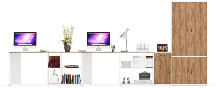 Лидер-8 Стол + Стол + Шкаф МД 19Б + Тумба МД 3.15, белый шагрень/крафт золото