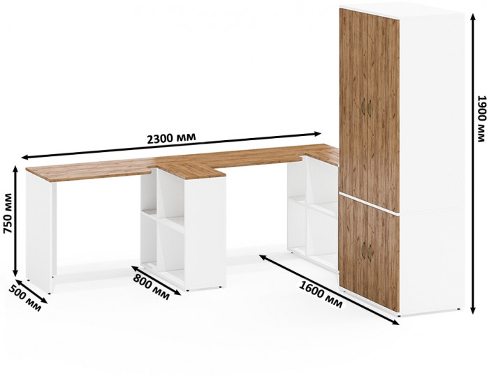 Лидер-8 Стол + Стол + Шкаф МД 19Б + Тумба МД 3.15, белый шагрень/крафт золото