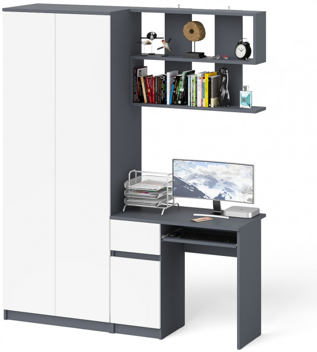Мори компьютерный стол МС-1 левый + Шкаф МШ800.1 + Полка 900, графит/белый