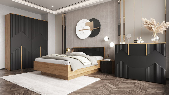 Кровать двуспальная 160х200 "Оливия" с подъемным основанием - Дуб наварра/Шагрень черная