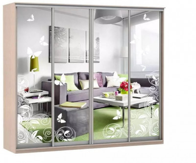 Шкаф купе Модерн 2362х450 4-х дверный 4-х секционный зеркальный с пескоструем №4 ясень