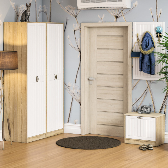 Прихожая П-6 Тумба + Вешалка, цвет дуб сонома/фасады МДФ белое дерево фрезеровка прованс, ШхГхВ 60х35х200 см.