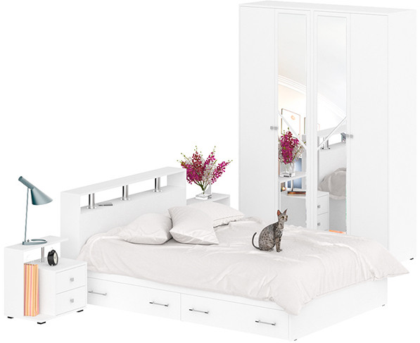 Камелия спальня № 8 Кровать с ящиками 1400 + Две тумбы + Шкаф 4-х створчатый, цвет белый, сп.м. 1400х2000 мм., б/м, основание есть