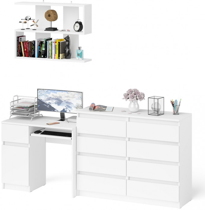 Мори компьютерный стол МС-1 левый + Комод МК1200.8 + Полка 900, белый